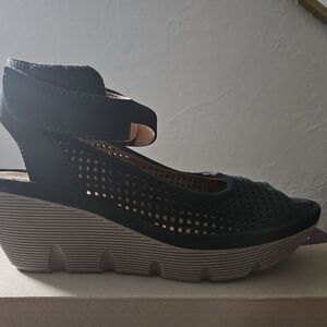 Clarks Navy Blue and Tan Wedge Sandals